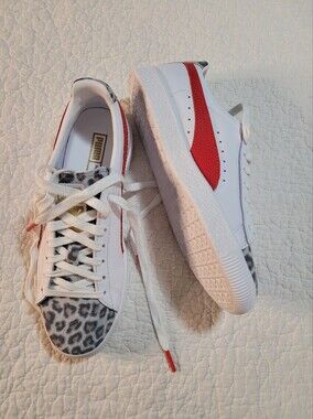Puma Clyde Leopard Wn's White Red Leopard Sneakers Sz US 7.5 EU 38